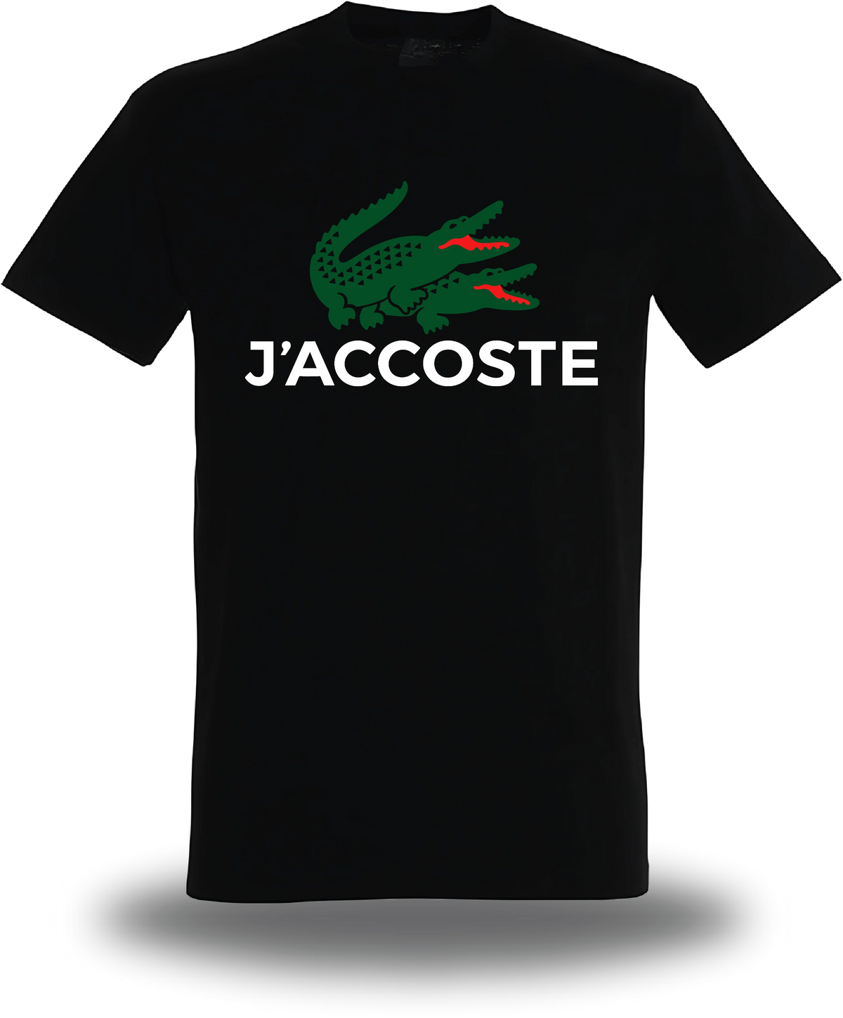 T-shirt noir J'accoste - Humour vu de face, design humour beauf, lacoste, décalé, assumé