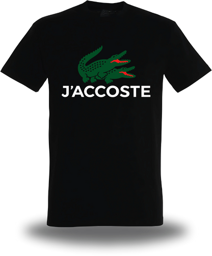 T-shirt noir J'accoste - Humour vu de face, design humour beauf, lacoste, décalé, assumé