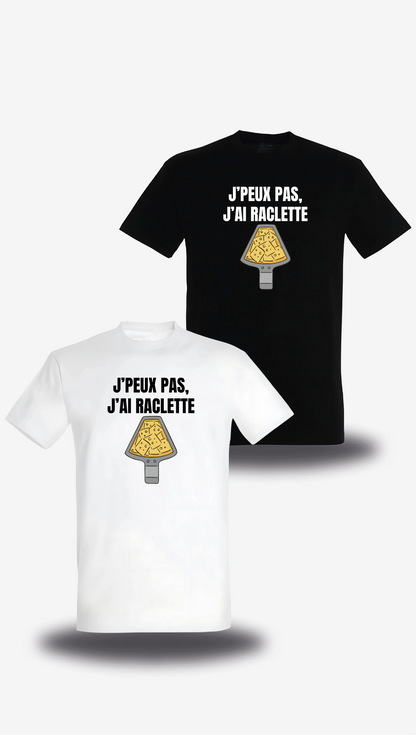 T-shirt « J'peux Pas J'ai Raclette » en blanc et noir, vus de face, design communauté et humour beauf