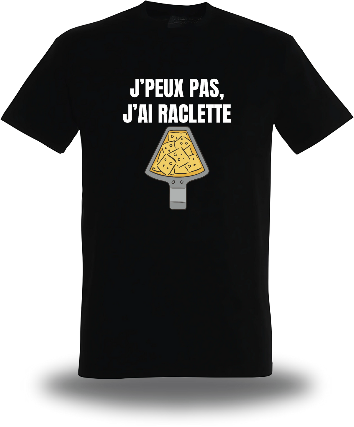 T-shirt noir « J'peux Pas J'ai Raclette » vu de face, design communauté et humour beauf