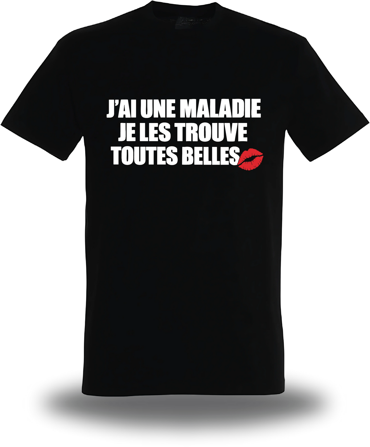 T-shirt noir Je Les Trouves Toutes Belles vu de face, design humour, humour beauf, musique, sexy nana