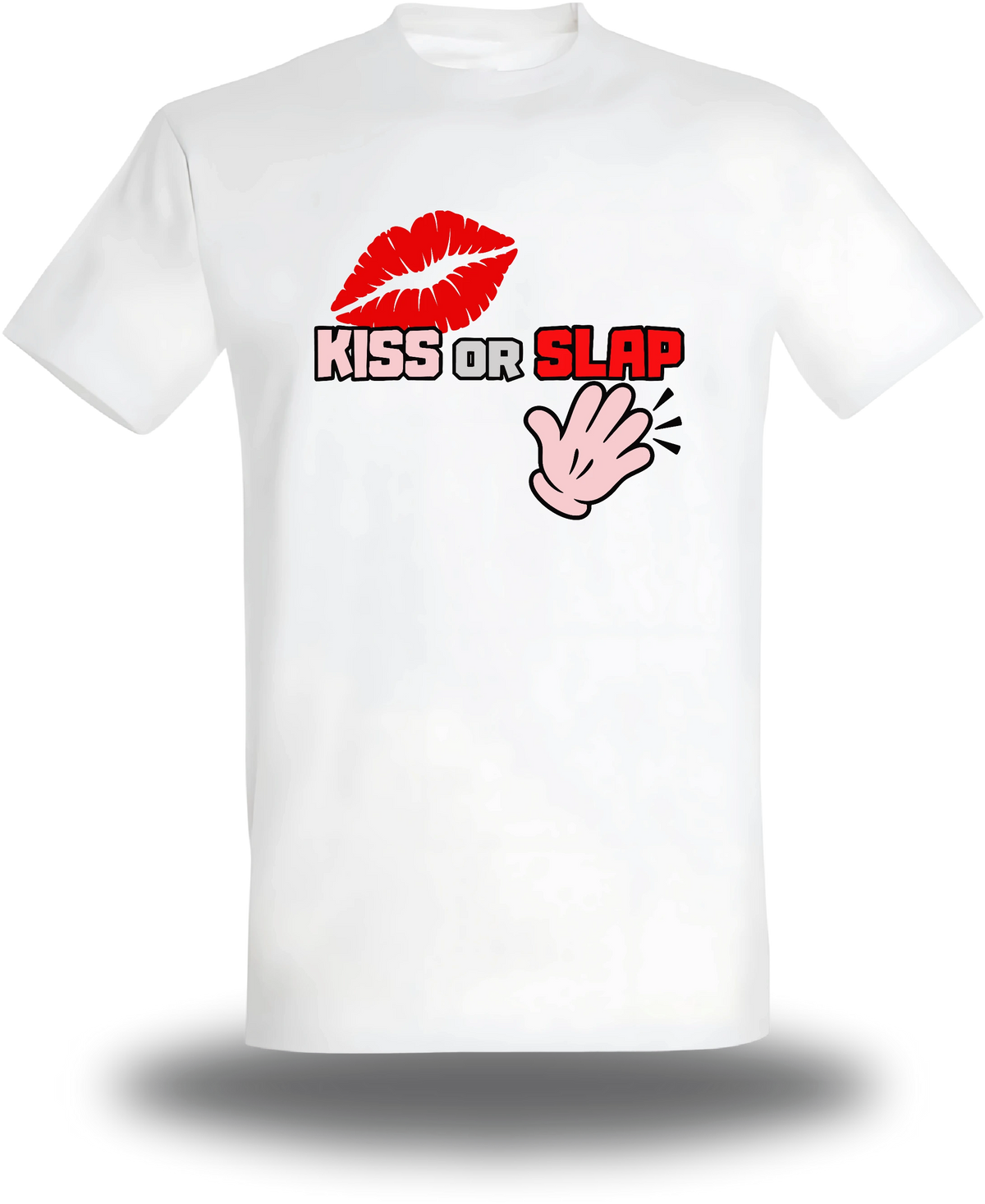 T-shirt blanc Kiss Or Slap vu de face, design humour beauf, punch, audacieux, assument