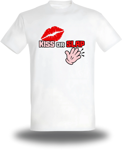 T-shirt blanc Kiss Or Slap vu de face, design humour beauf, punch, audacieux, assument
