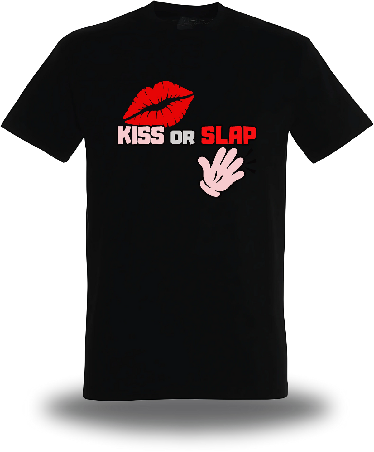 T-shirt noir Kiss Or Slap vu de face, design humour beauf, punch, audacieux, assument