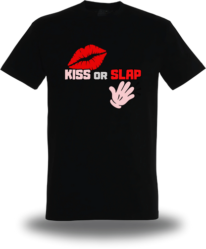 T-shirt noir Kiss Or Slap vu de face, design humour beauf, punch, audacieux, assument