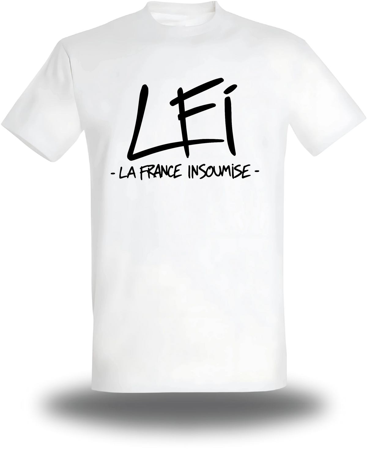T-shirt blanc « LFI - La France Insoumise » vu de face, design politique et election