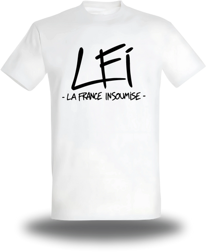 T-shirt blanc « LFI - La France Insoumise » vu de face, design politique et election
