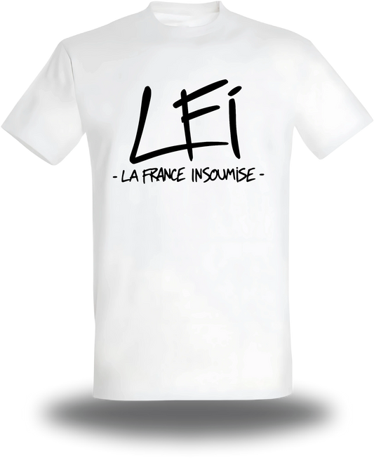 T-shirt blanc « LFI - La France Insoumise » vu de face, design politique et election