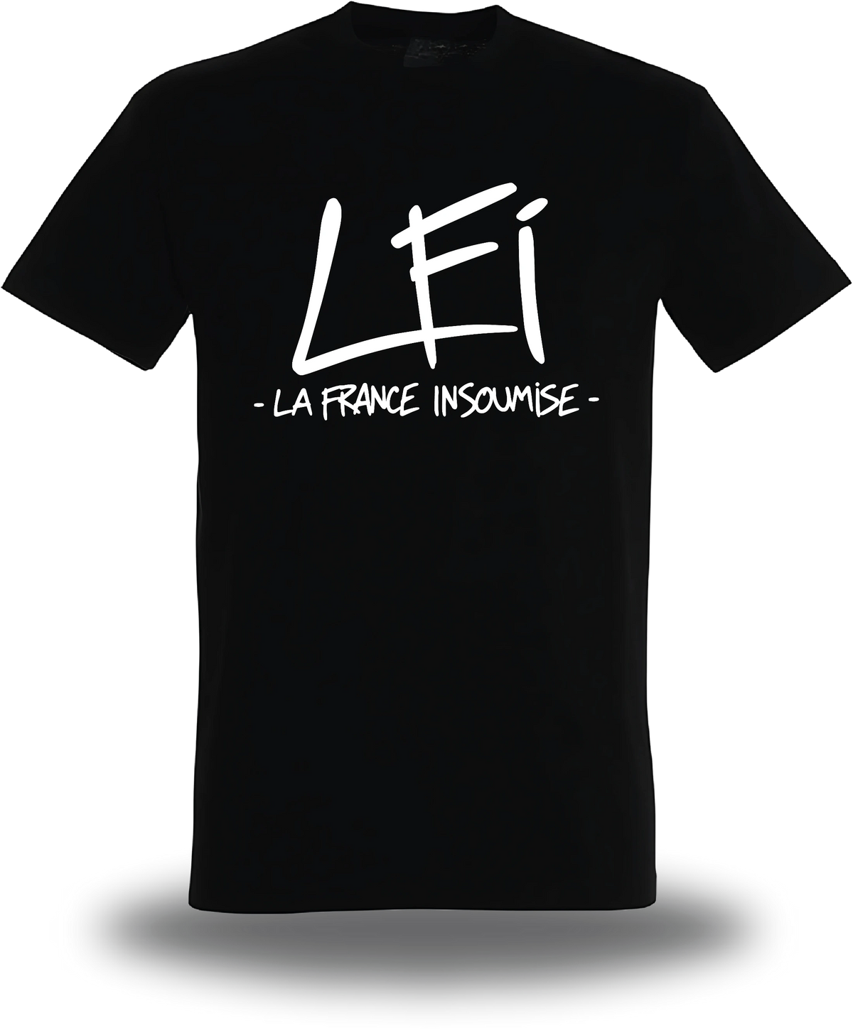 T-shirt noir « LFI - La France Insoumise » vu de face, design politique et election