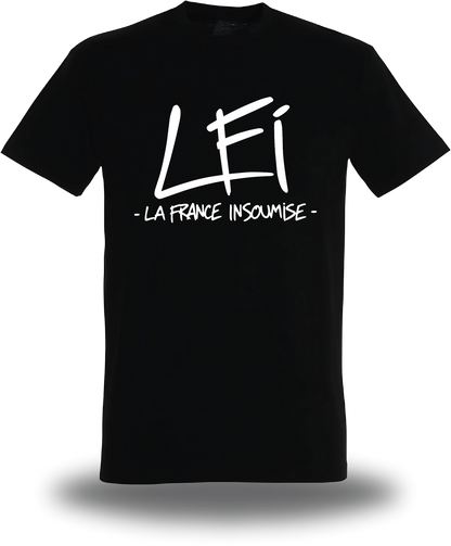 T-shirt noir « LFI - La France Insoumise » vu de face, design politique et election