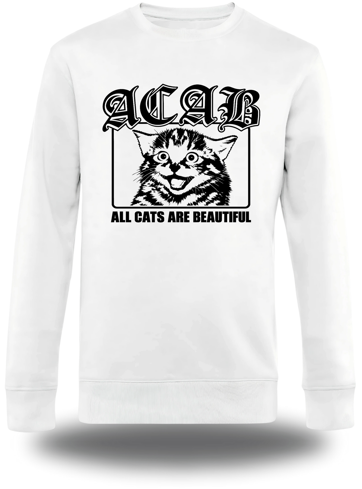 T-shirt manches longues blanc « ACAB All Cats Are Beautiful » vu de face, design politique et communauté