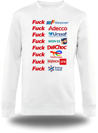 T-shirt manches longues blanc Anyme Fuck manpower - Plus dur que l'intérim vu de face, design humour, geek culture, intérim