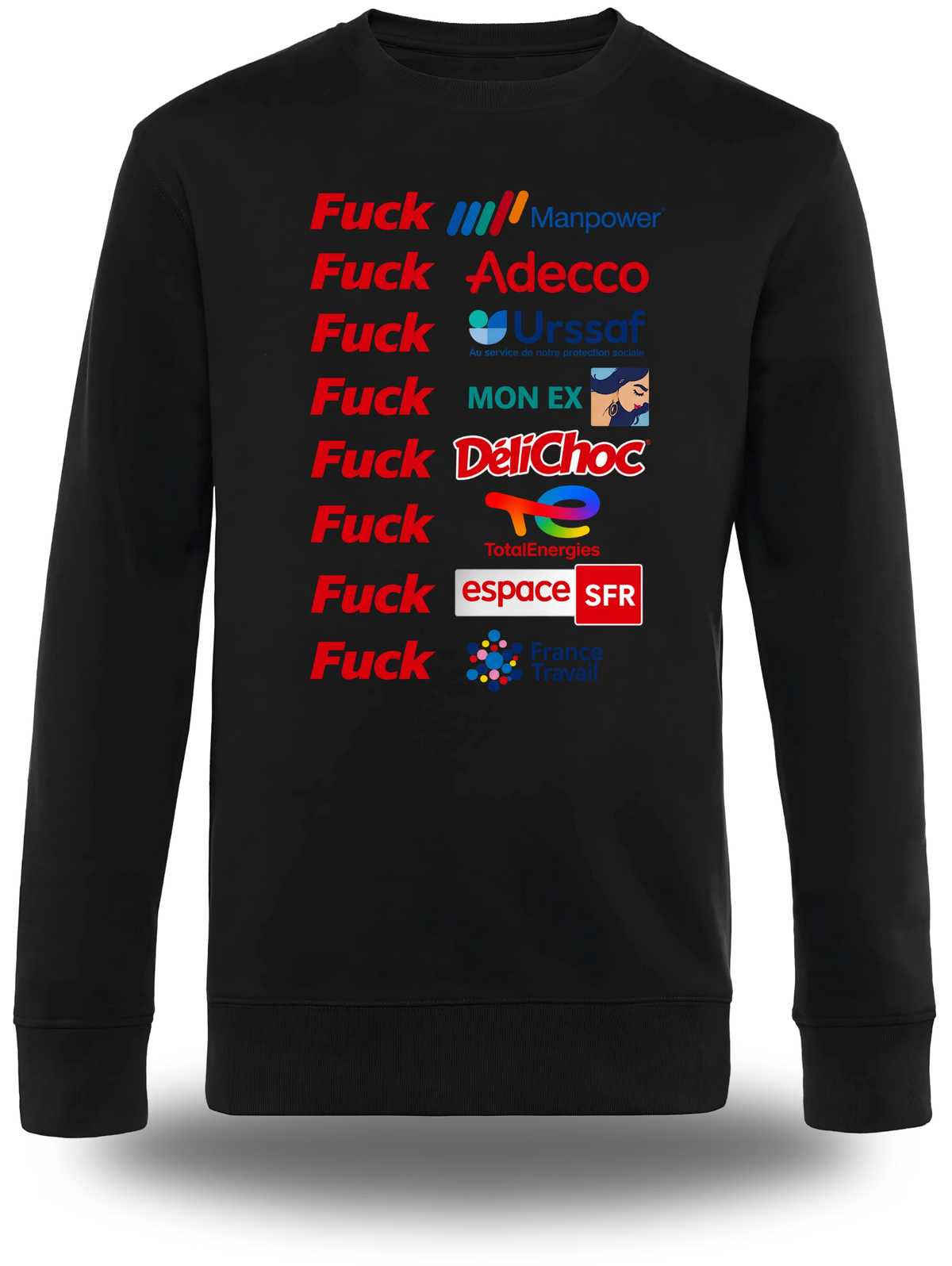 T-shirt manches longues noir Anyme Fuck manpower - Plus dur que l'intérim vu de face, design humour, geek culture, intérim