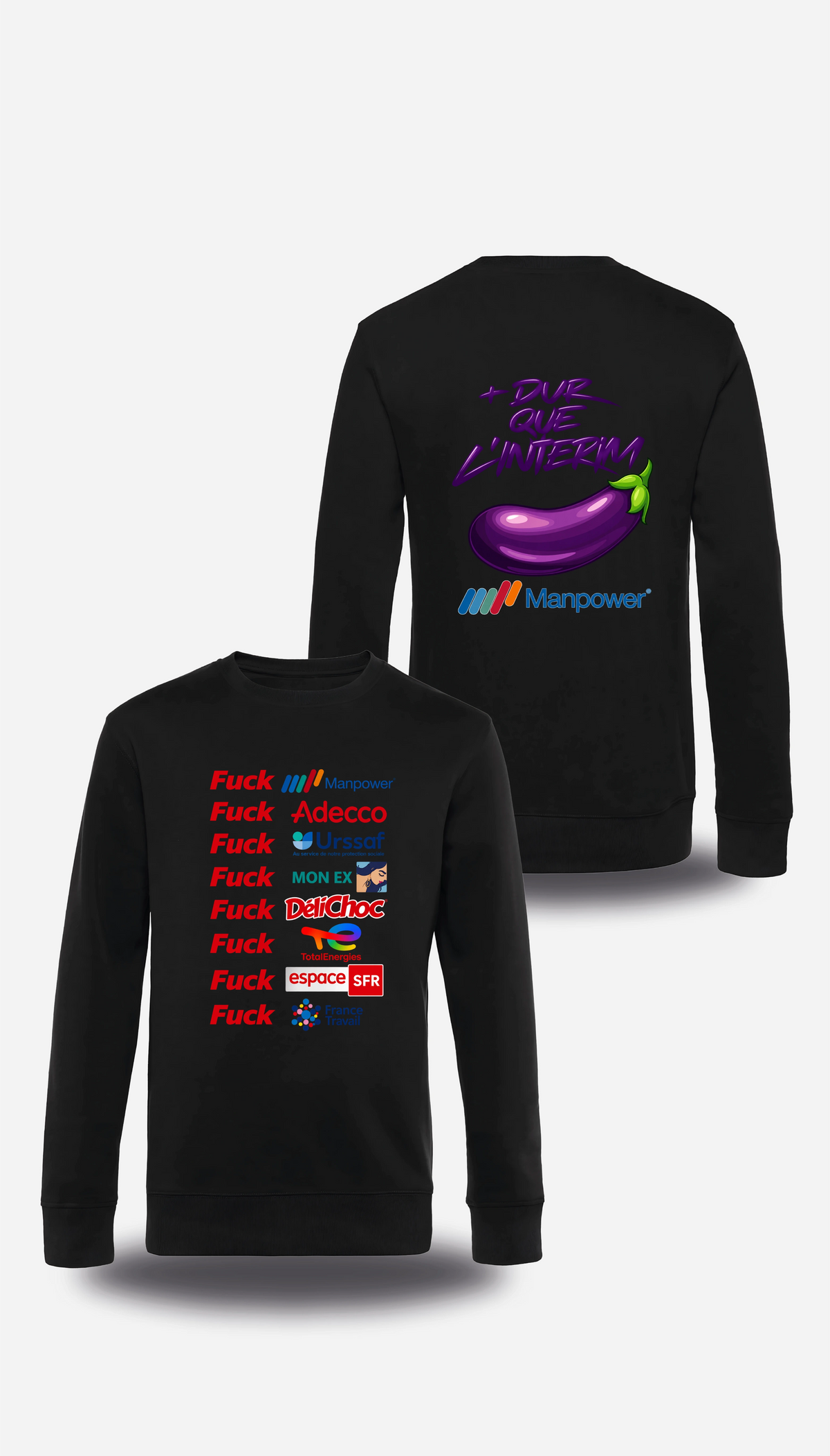 T-shirt manches longues noir Anyme Fuck manpower - Plus dur que l'intérim vu de face et de dos, design humour, geek culture