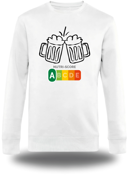 Weißes Langarmshirt „Biere Nutri Score“, Vorderansicht, Motiv: Proll-Humor, Alkohol und selbstbewusst