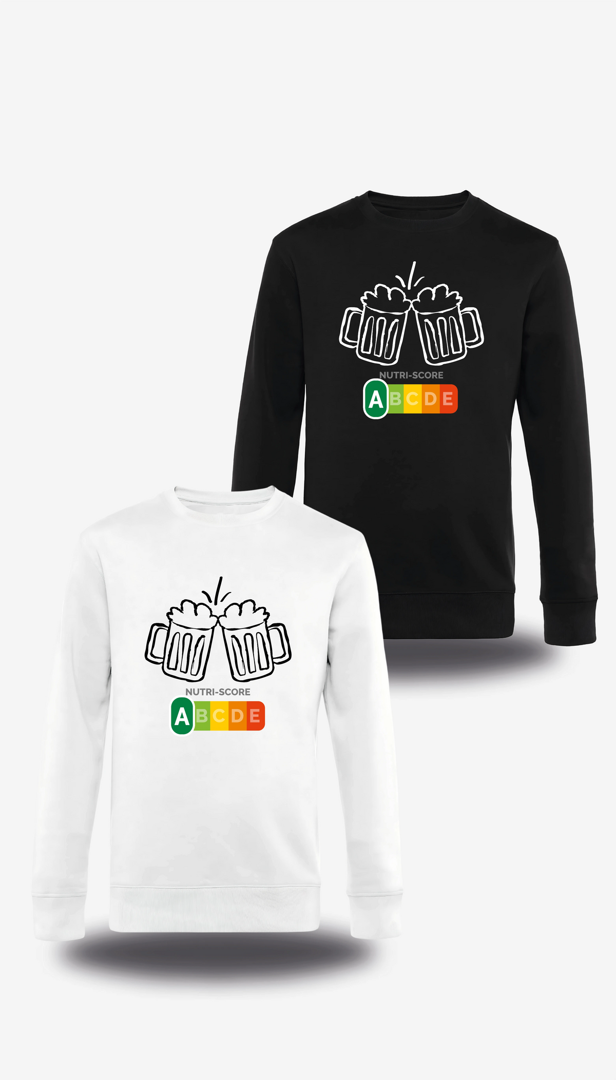 Langarmshirt „Biere Nutri Score“, in Weiß und Schwarz, Vorderansicht, Motiv: Proll-Humor und Alkohol