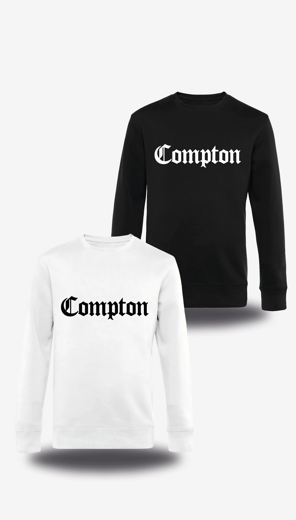 T-shirt manches longues Compton en blanc et noir, vus de face, design film, communauté, streetwear, musique
