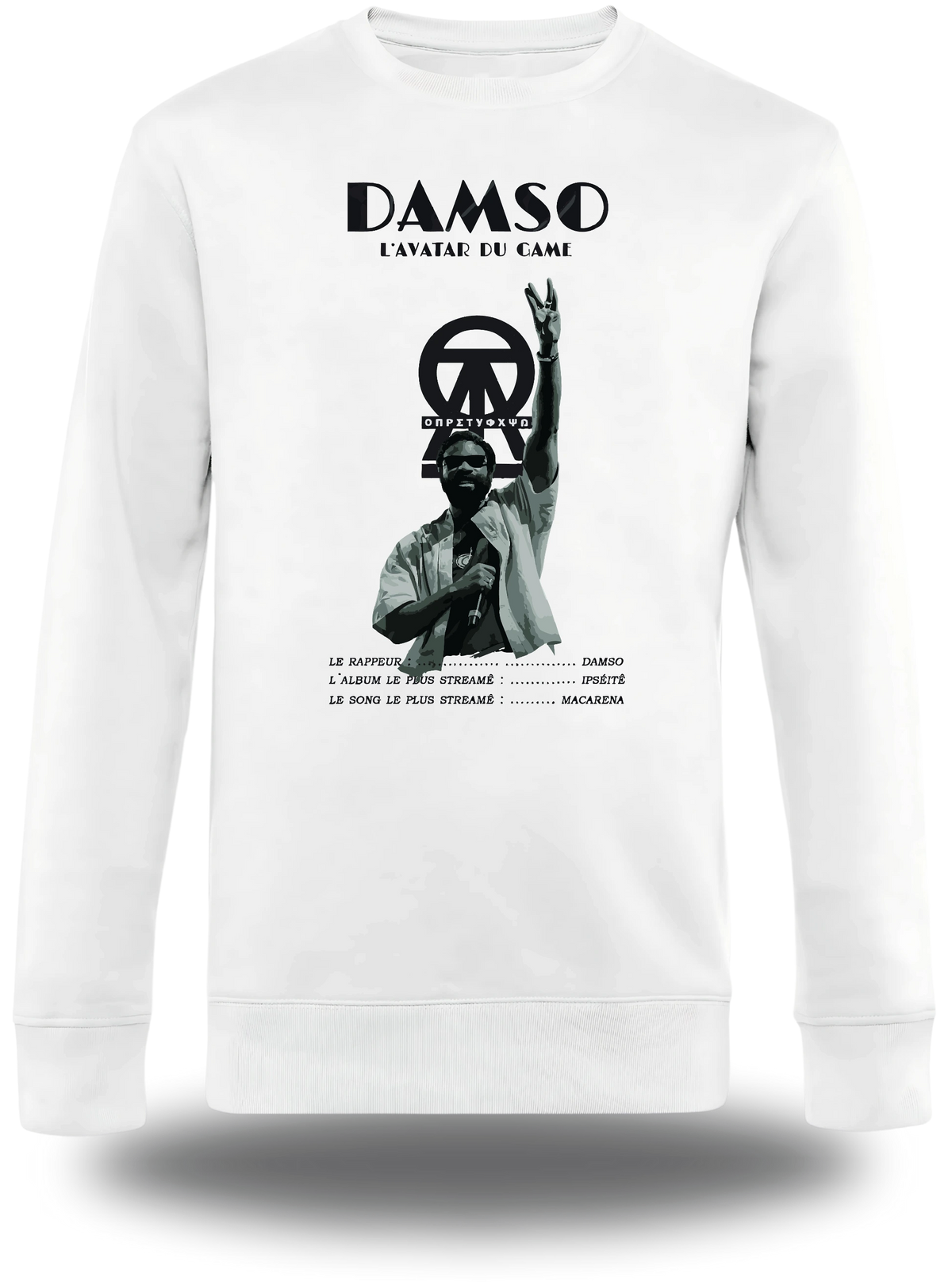 Weißes Langarmshirt „Damso“, Vorderansicht, Motiv: Musik und Rap