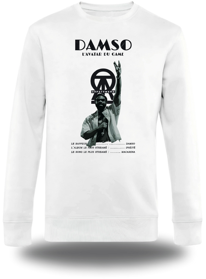 Weißes Langarmshirt „Damso“, Vorderansicht, Motiv: Musik und Rap