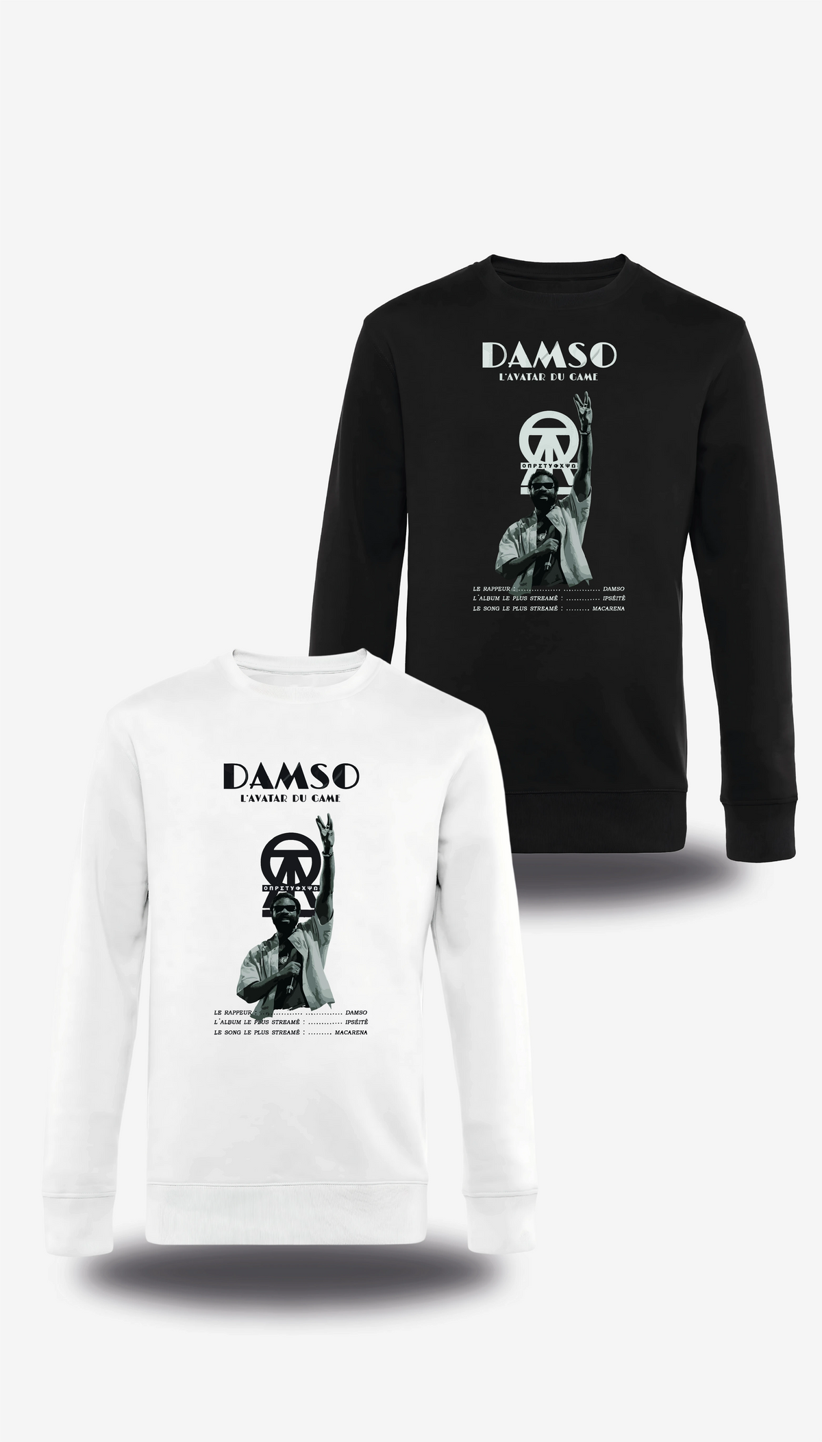 Langarmshirt „Damso“, in Weiß und Schwarz, Vorderansicht, Motiv: Musik und Rap