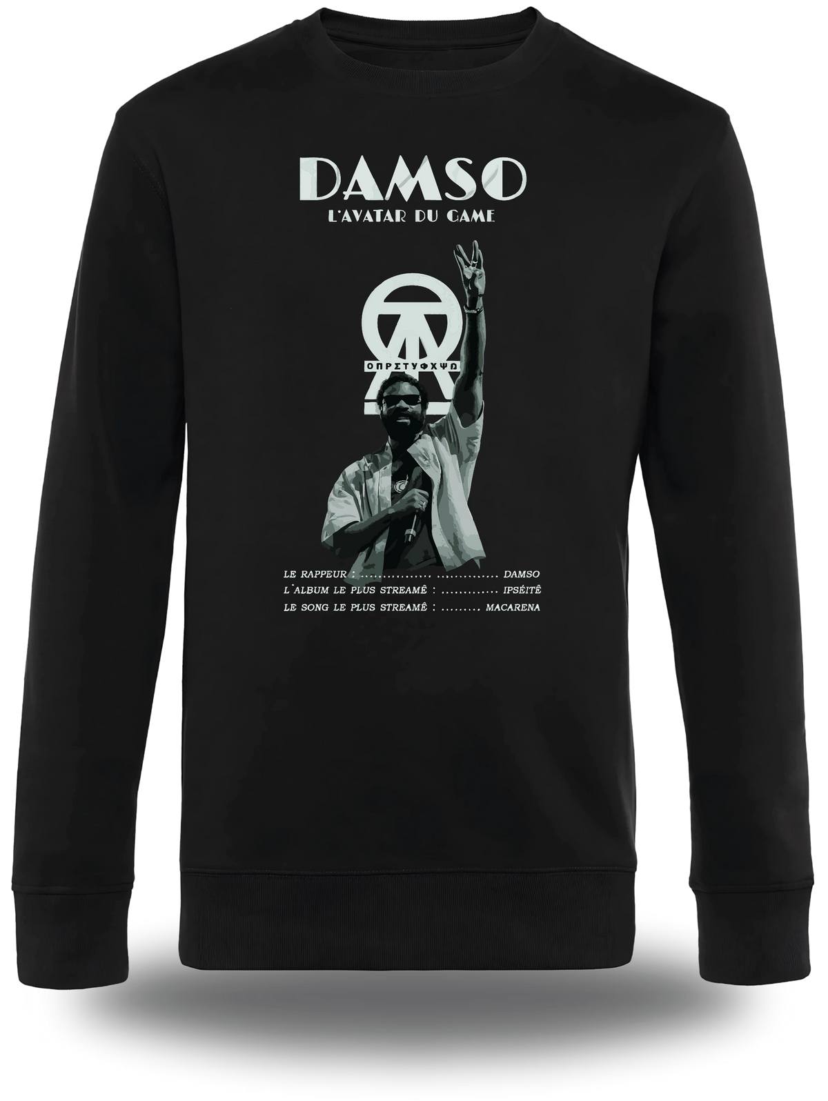 Schwarzes Langarmshirt „Damso“, Vorderansicht, Motiv: Musik und Rap