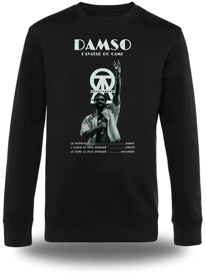 Schwarzes Langarmshirt „Damso“, Vorderansicht, Motiv: Musik und Rap