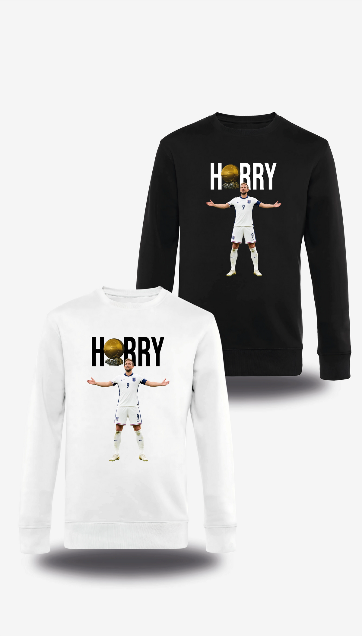 T-shirt manches longues « Harry Kane Ballon D'or » en blanc et noir, vus de face, design sport et football