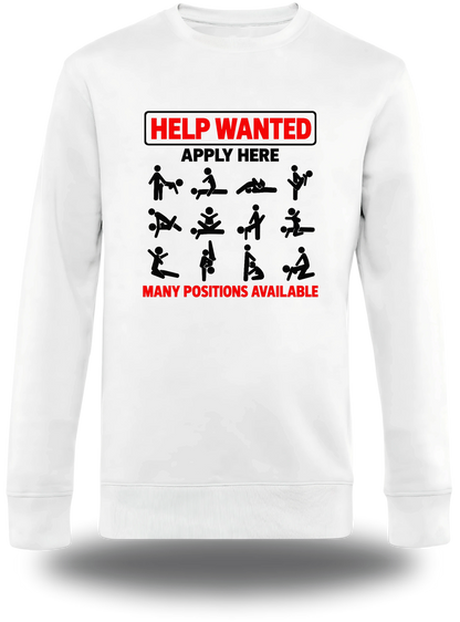 T-shirt manches longues blanc Help Wanted Apply Here - Sexual Positions vu de face, design humour, humour beauf, hot