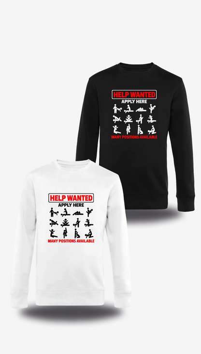T-shirt manches longues Help Wanted Apply Here - Sexual Positions en blanc et noir, vus de face, design humour, humour beauf