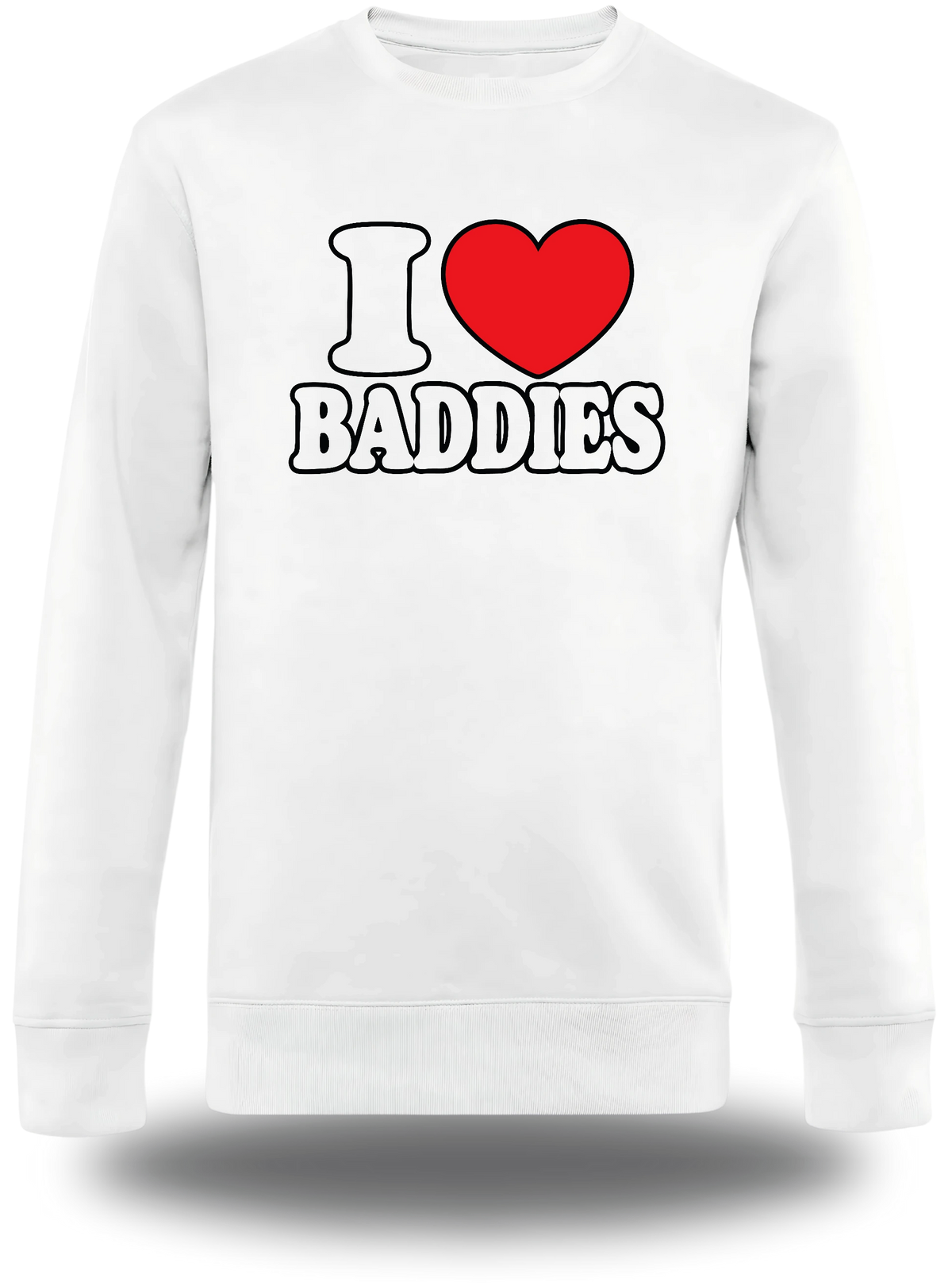 T-shirt manches longues blanc I Love Baddies vu de face, design humour, humour beauf, punch, amour