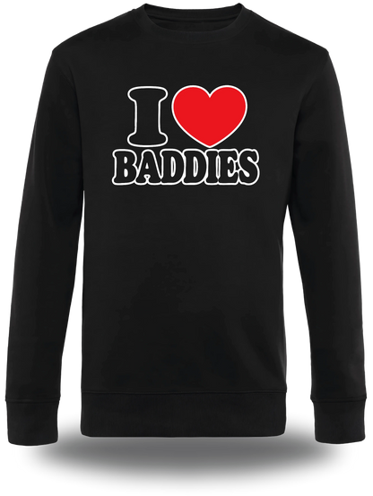 T-shirt manches longues noir I Love Baddies vu de face, design humour, humour beauf, punch, amour