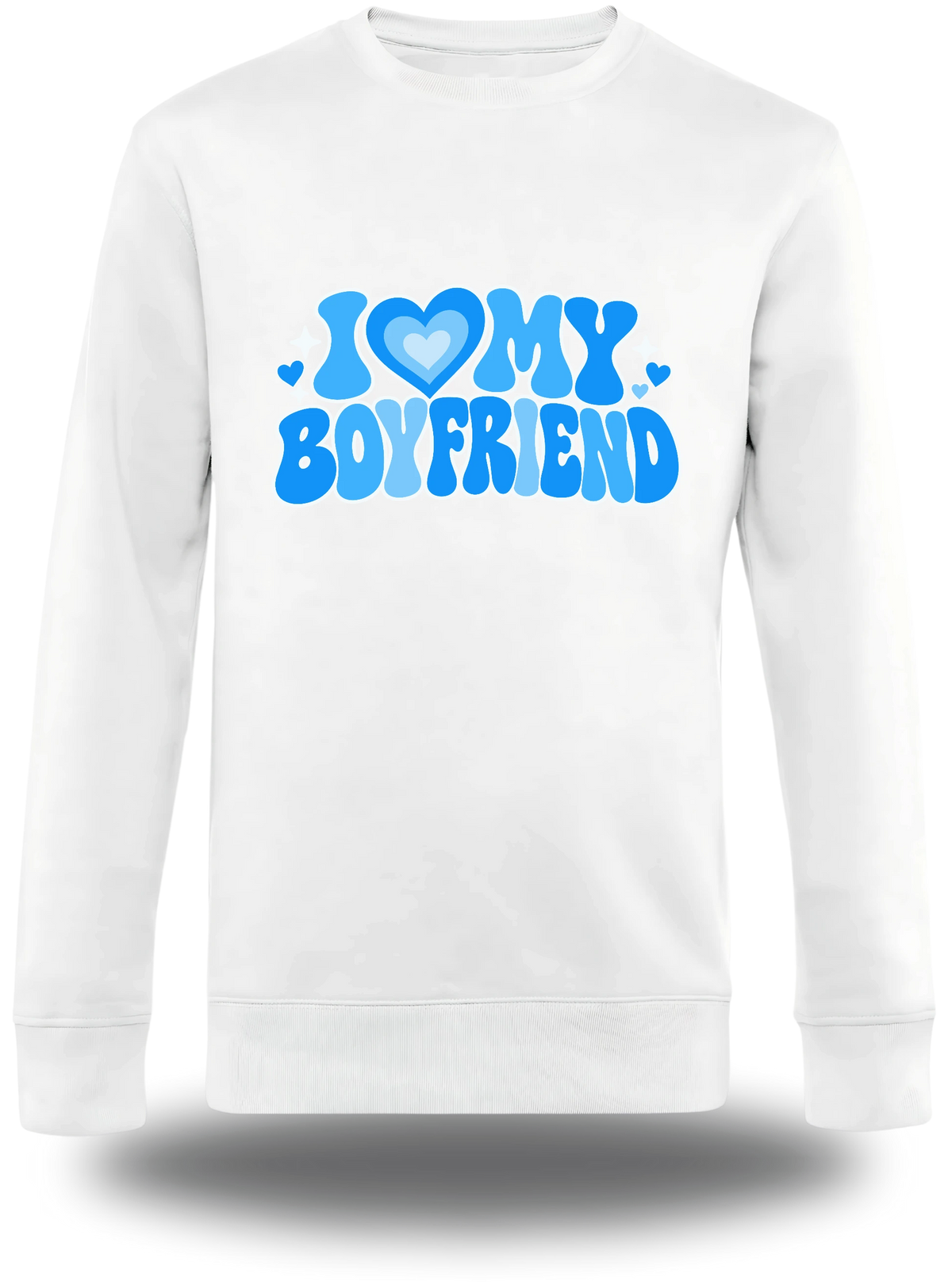 T-shirt manches longues blanc « I Love My Boyfriend » vu de face, design amour et couple