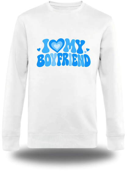 T-shirt manches longues blanc « I Love My Boyfriend » vu de face, design amour et couple