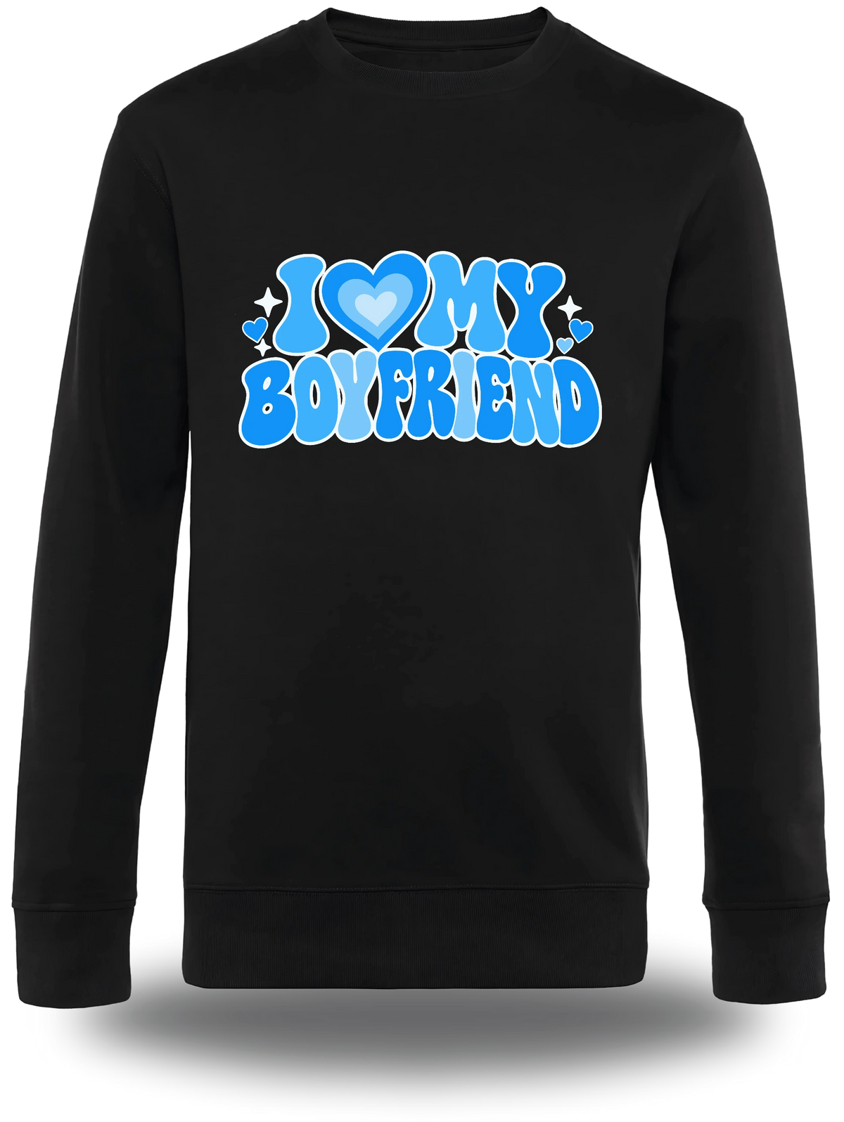 T-shirt manches longues noir « I Love My Boyfriend » vu de face, design amour et couple