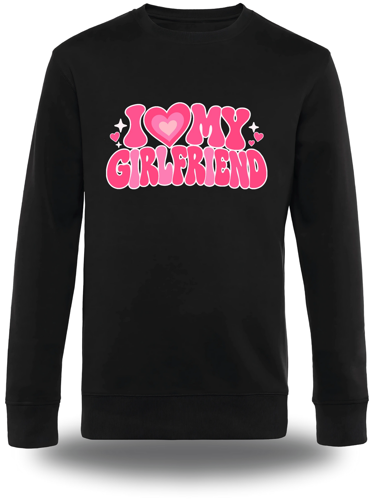 T-shirt manches longues noir « I Love My Girlfriend » vu de face, design amour et couple