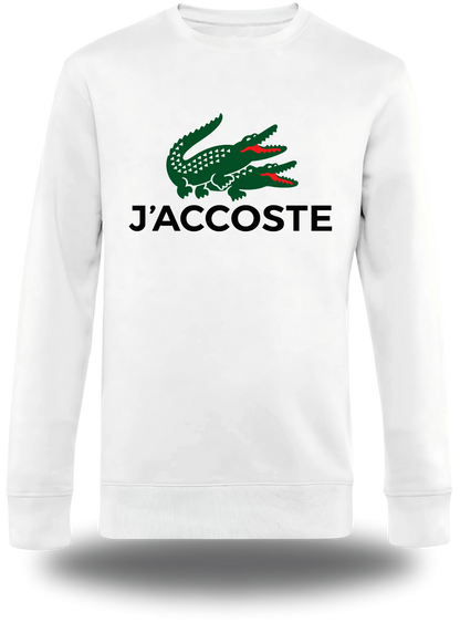 T-shirt manches longues blanc J'accoste - Humour vu de face, design humour beauf, lacoste, décalé, assumé