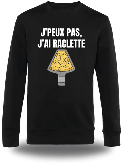 T-shirt manches longues noir « J'peux Pas J'ai Raclette » vu de face, design communauté et humour beauf