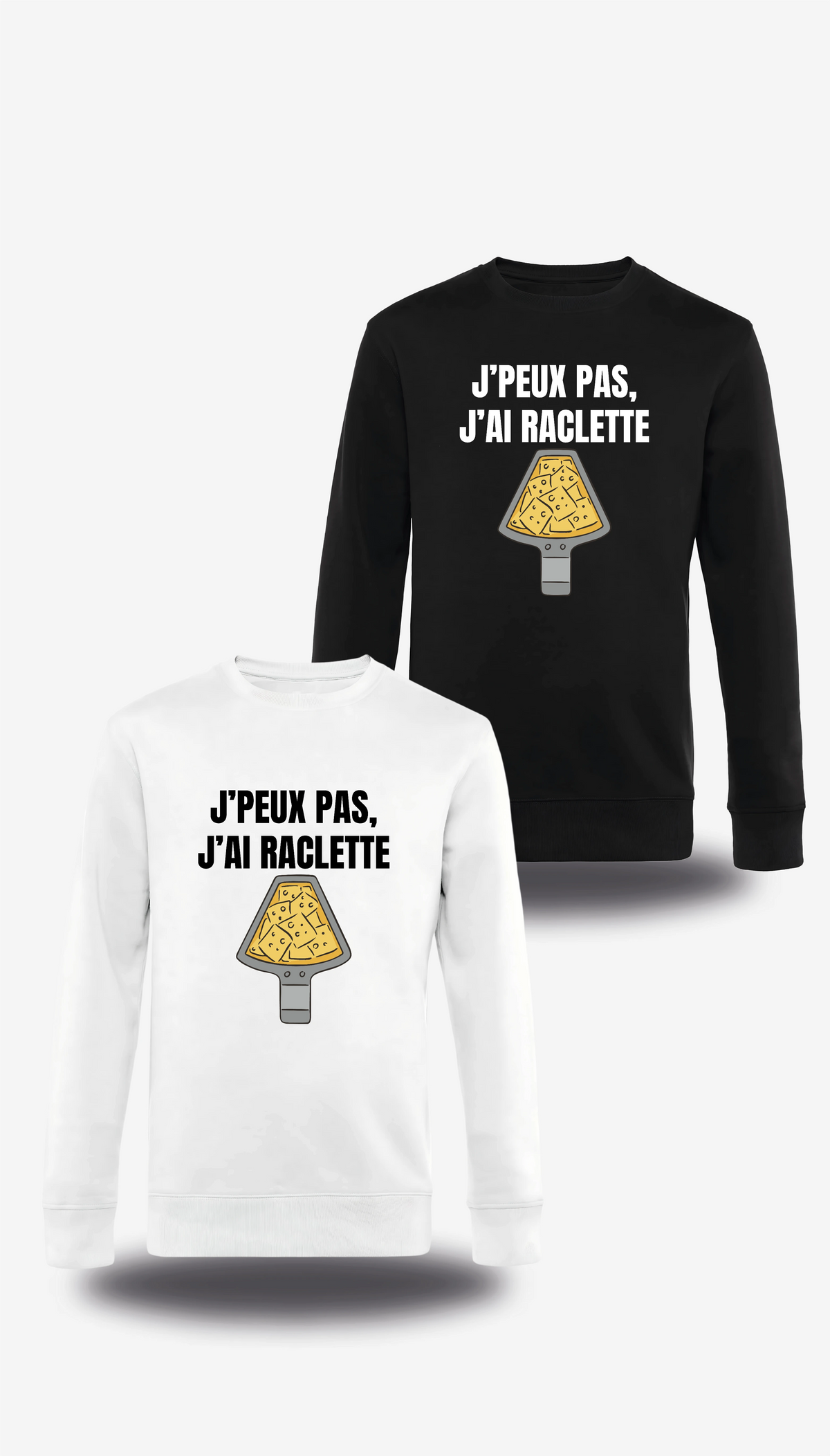 T-shirt manches longues « J'peux Pas J'ai Raclette » en blanc et noir, vus de face, design communauté et humour beauf