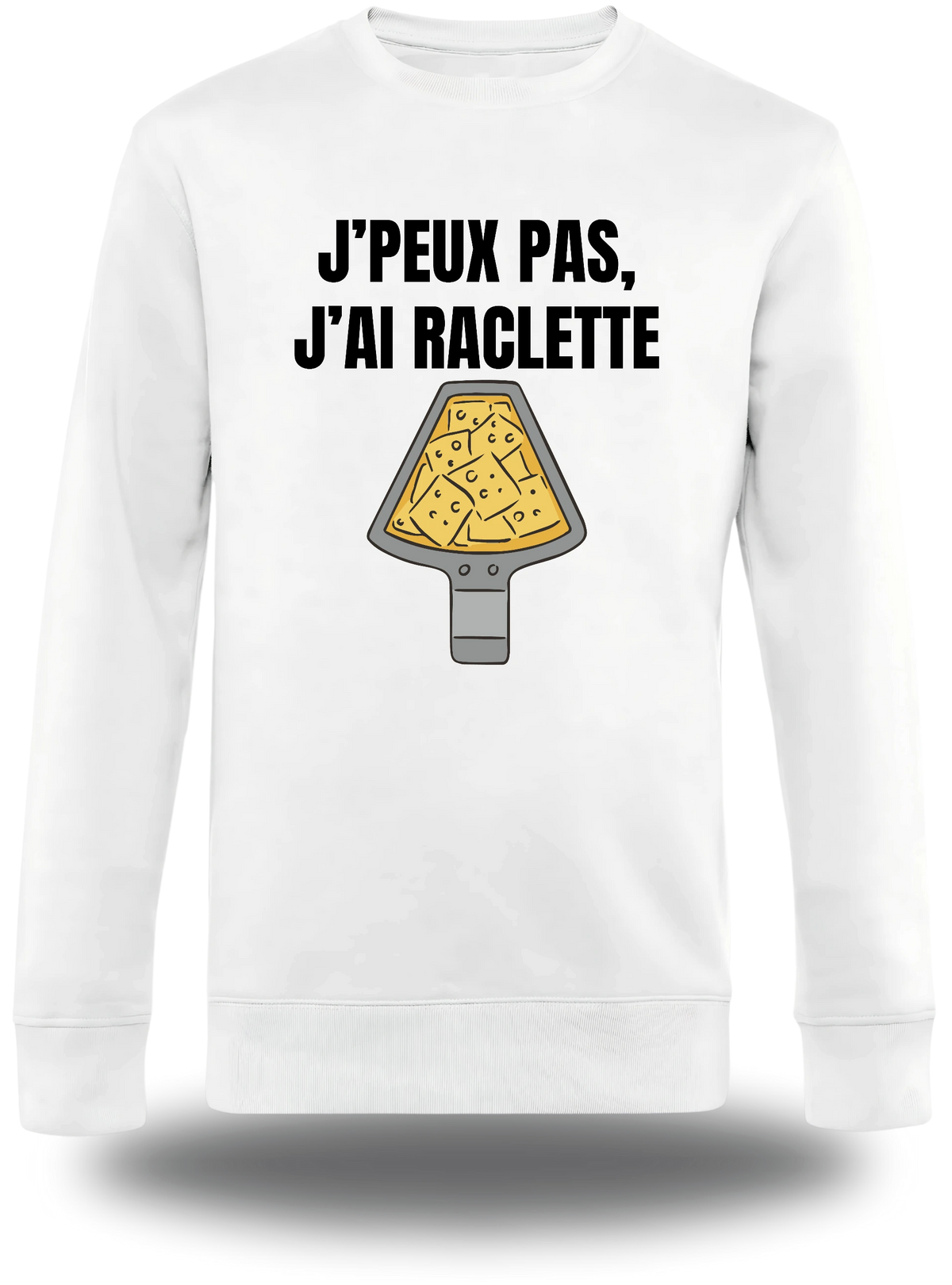 T-shirt manches longues blanc « J'peux Pas J'ai Raclette » vu de face, design communauté et humour beauf