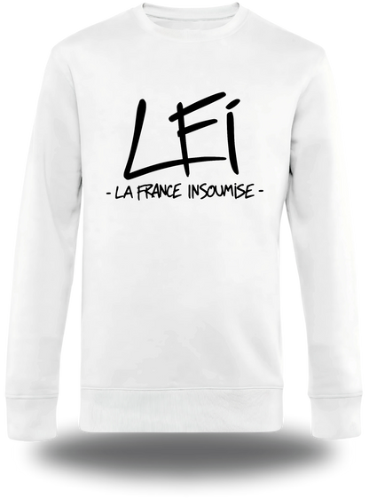 T-shirt manches longues blanc « LFI - La France Insoumise » vu de face, design politique et election