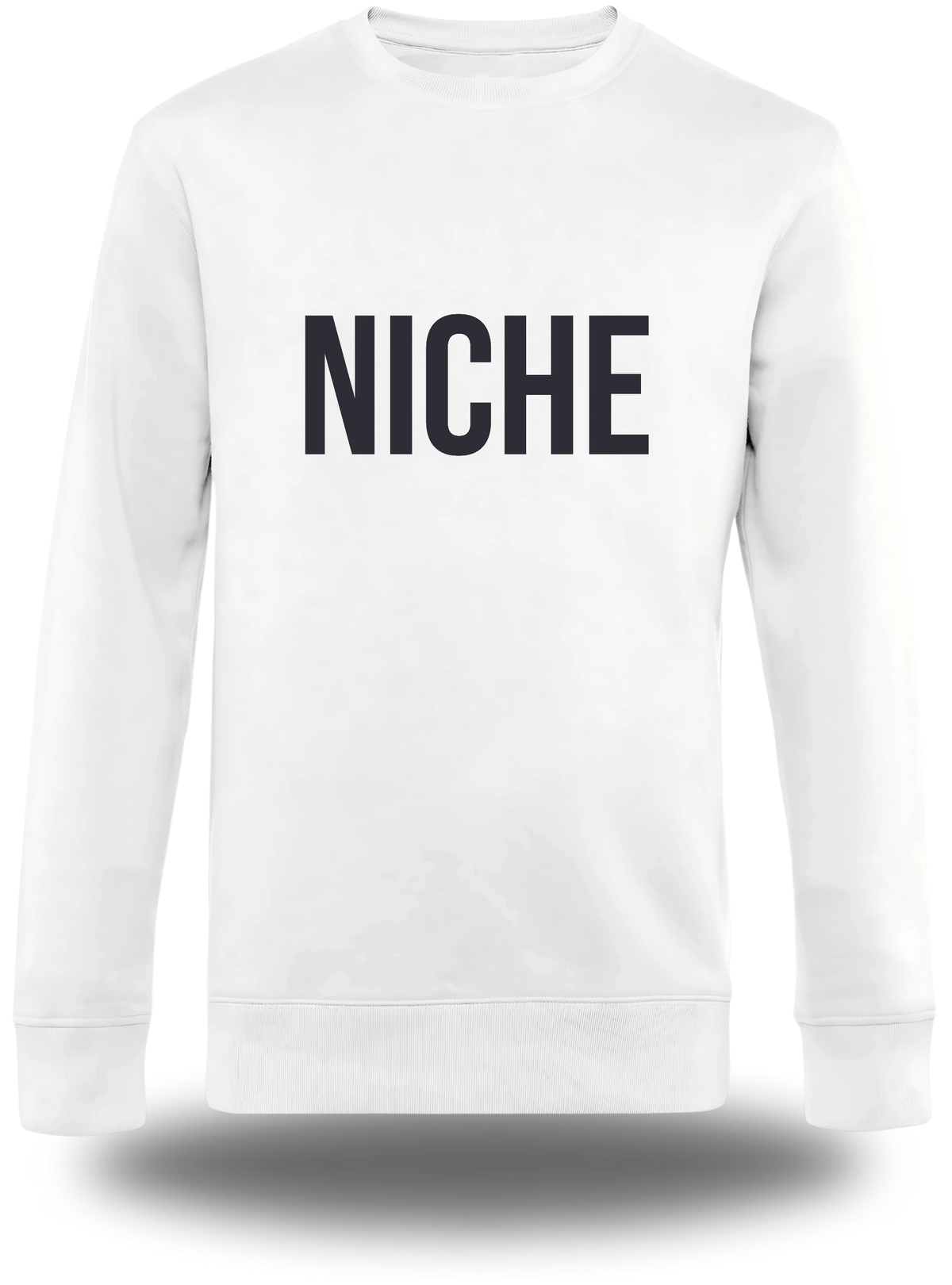T-shirt manches longues blanc « Niche » vu de face, design geek culture et mème