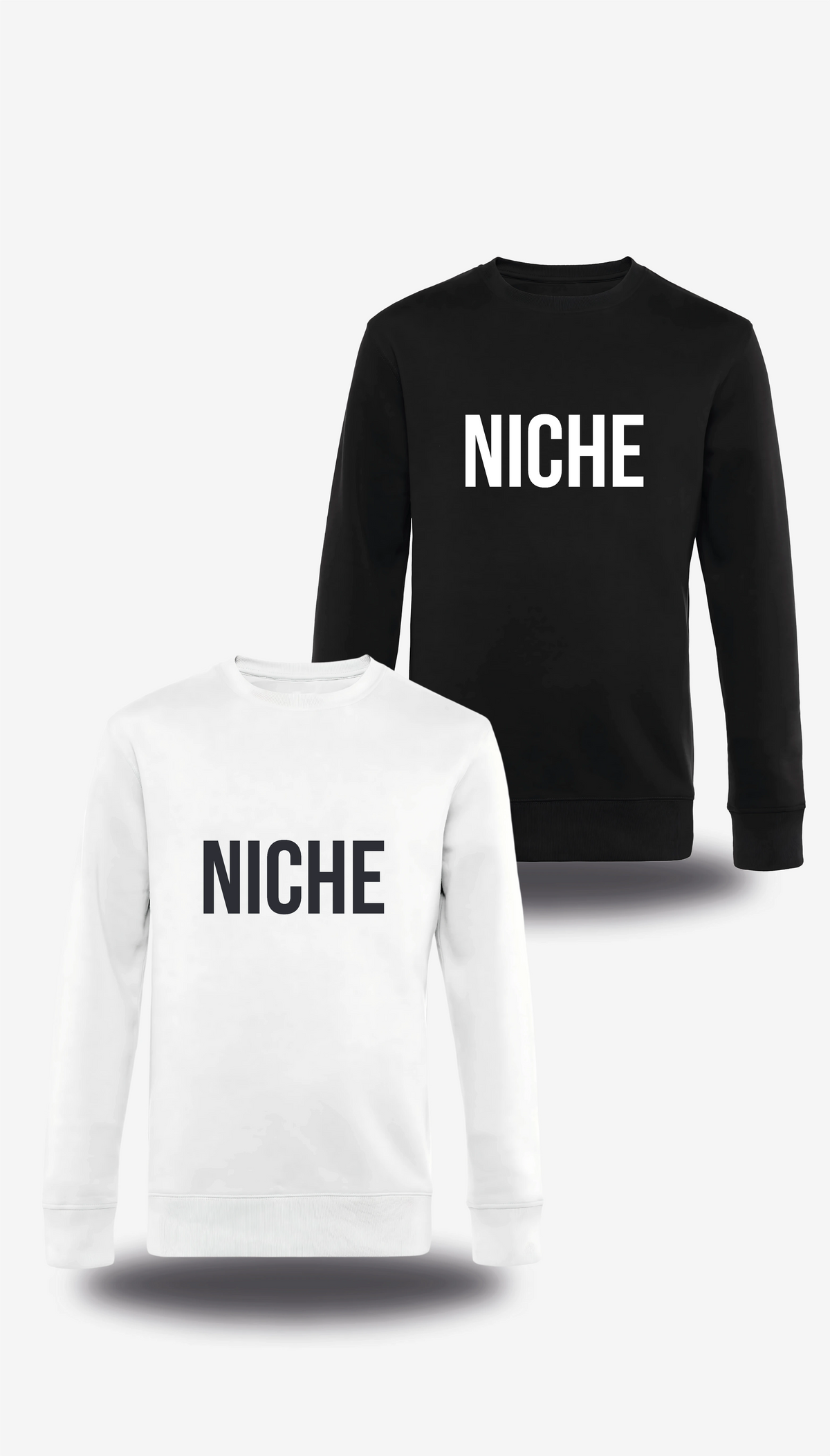 T-shirt manches longues « Niche » en blanc et noir, vus de face, design geek culture et mème