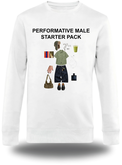 T-shirt a maniche lunghe bianca «Performative Male Starter Pack», vista frontale, design a tema umorismo e meme