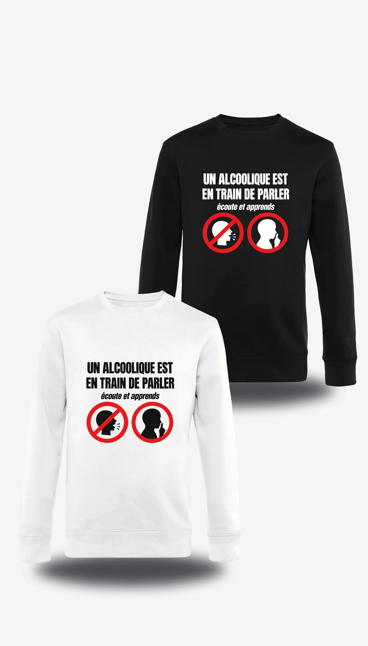 T-shirt manches longues Un Alcoolique Est En Train De Parler en blanc et noir, vus de face, design humour beauf, alcool