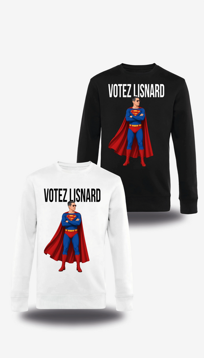 T-shirt manches longues « Votez Lisnard Superman » en blanc et noir, vus de face, design politique et élection