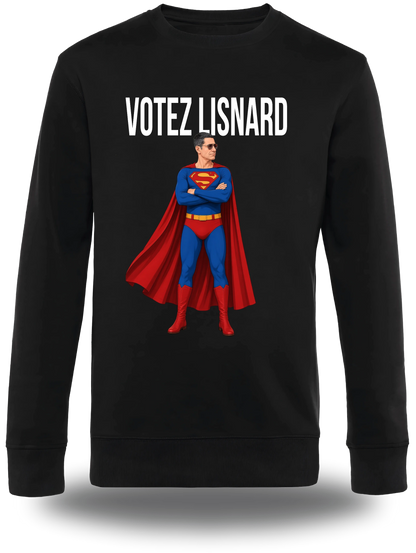 T-shirt manches longues noir « Votez Lisnard Superman » vu de face, design politique et élection