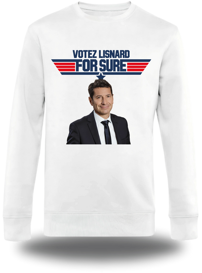 T-shirt manches longues blanc « Votez Lisnard - For Sure » vu de face, design politique et élection