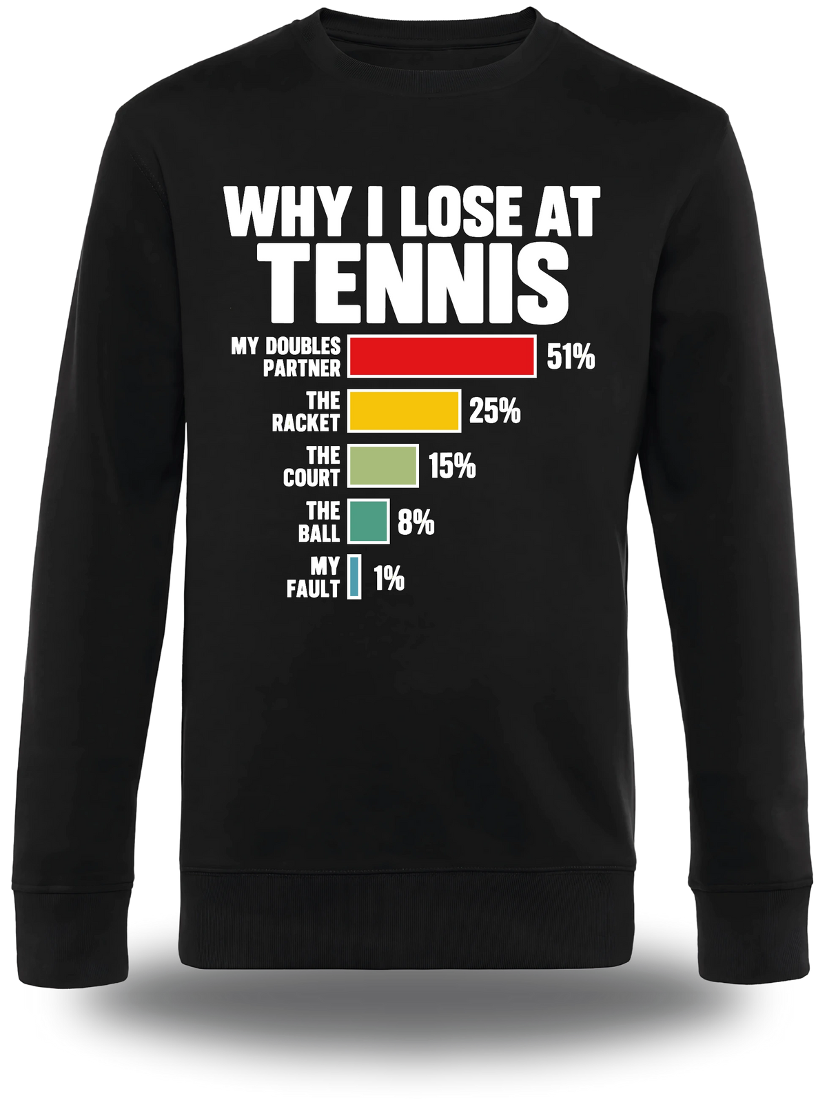 T-shirt manches longues noir Why I Loose At Tennis vu de face, design humour, sport, Lose, parfait