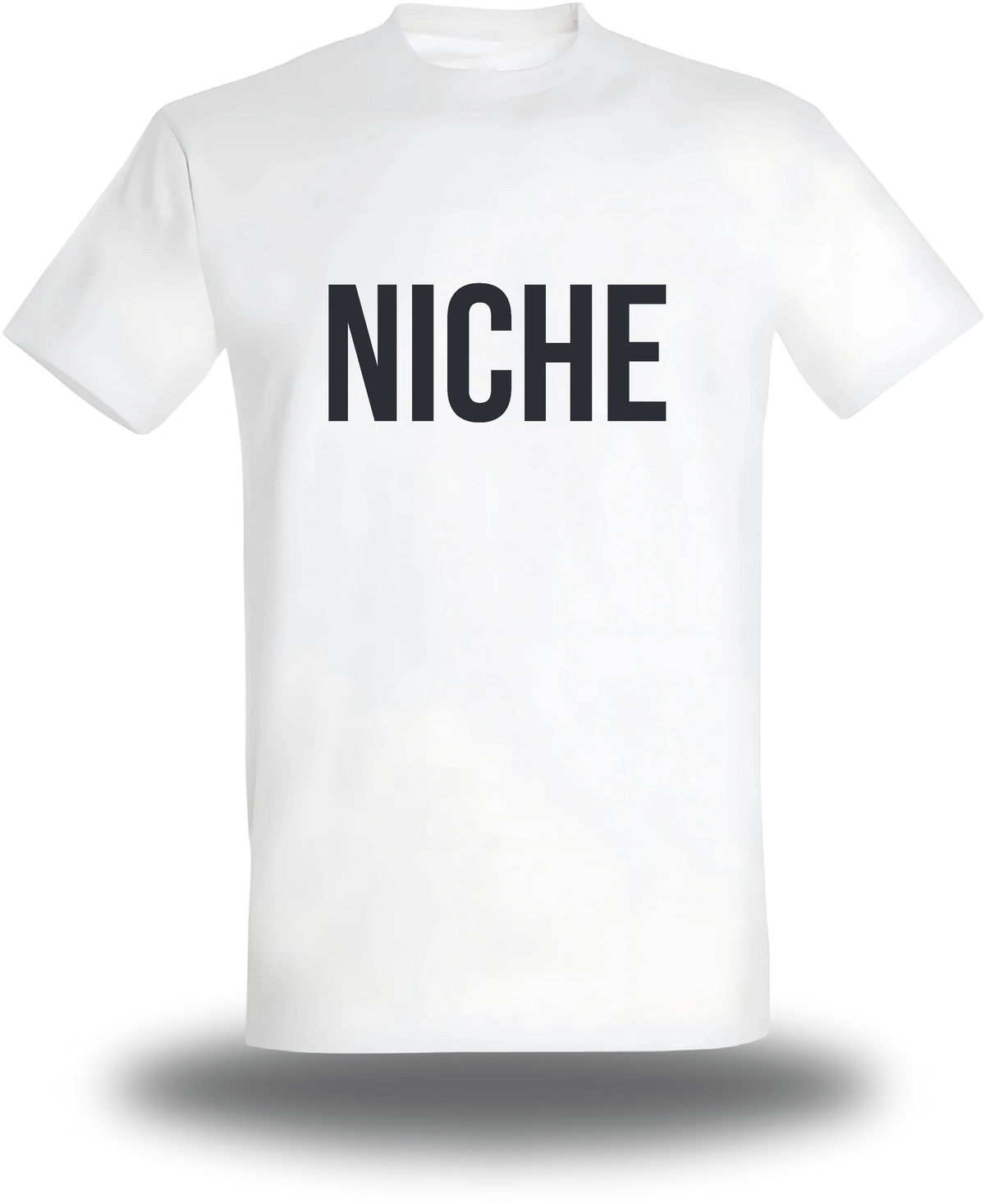 T-shirt blanc « Niche » vu de face, design geek culture et mème