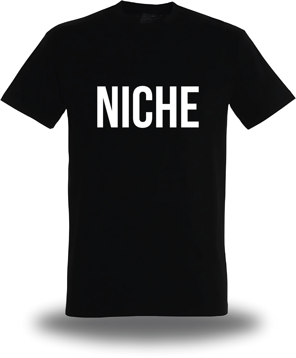 T-shirt noir « Niche » vu de face, design geek culture et mème